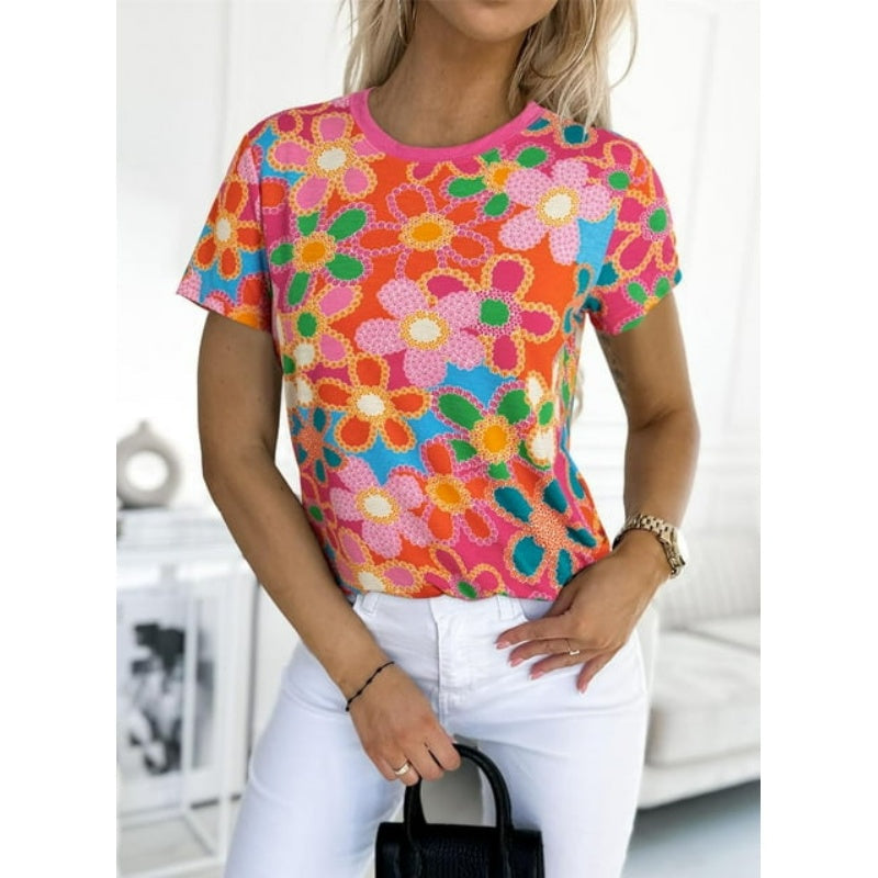 Ženska roza majica s cvetličnim potiskom-SI