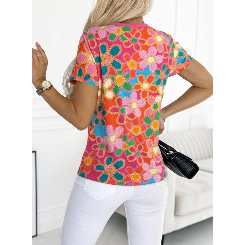 Γυναικείο ροζ μπλουζάκι με φλοράλ τύπωμα-GR