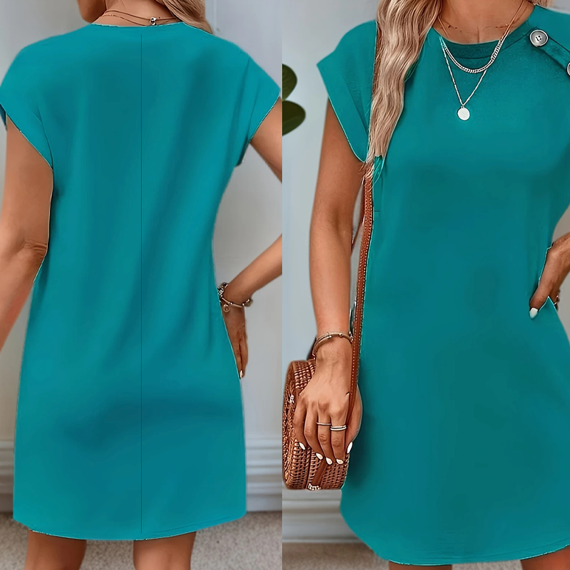 Obleka A-kroja z okroglim izrezom in oprijetim krojem v enobarvni barvi - GR