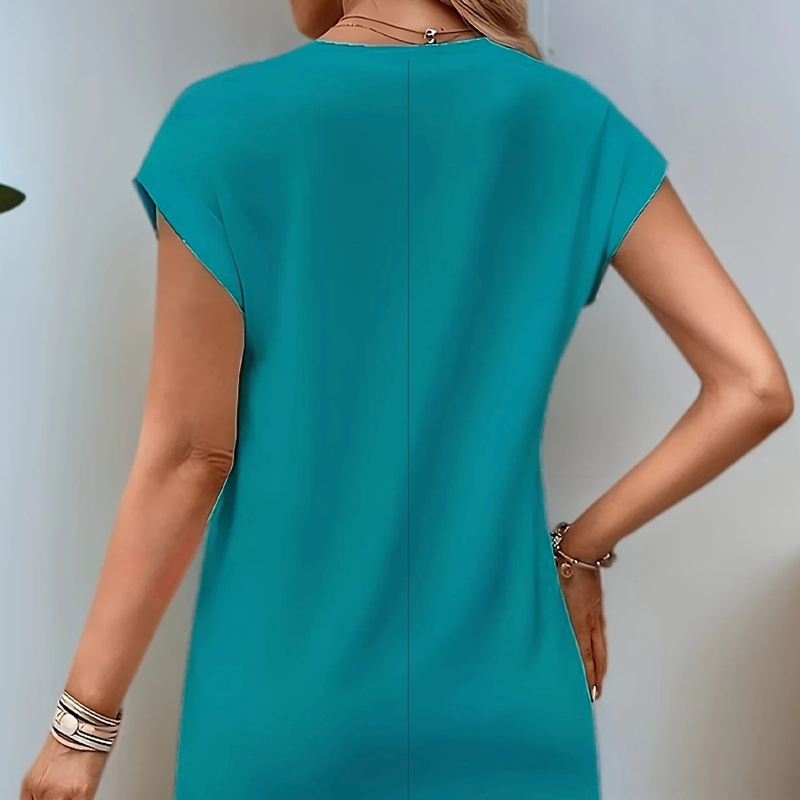 Obleka A-kroja z okroglim izrezom in oprijetim krojem v enobarvni barvi - GR