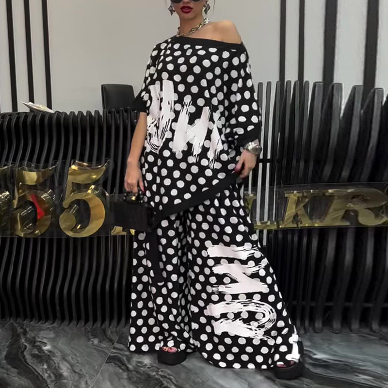 Σετ 2 τεμαχίων: oversized τοπ και παντελόνι με φαρδιά μπατζάκια για γυναίκες-GR