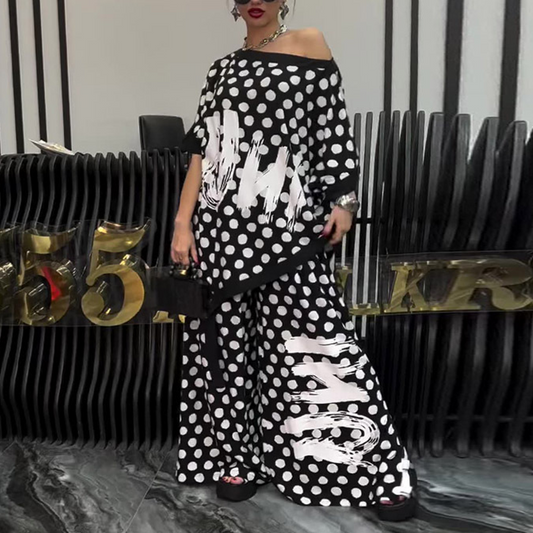 Σετ 2 τεμαχίων: oversized τοπ και παντελόνι με φαρδιά μπατζάκια για γυναίκες-GR