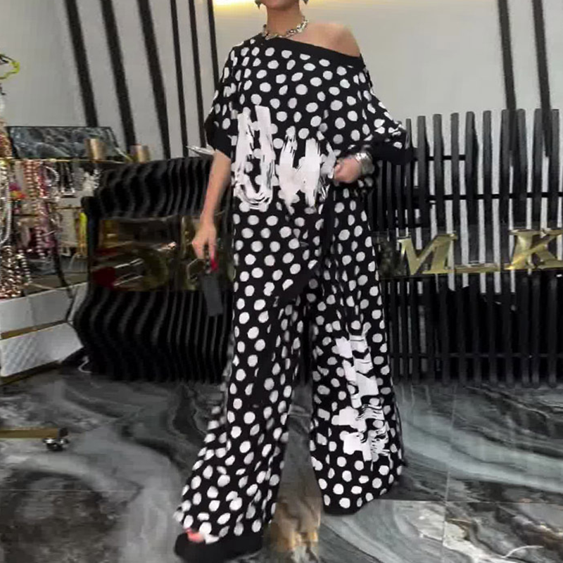 Σετ 2 τεμαχίων: oversized τοπ και παντελόνι με φαρδιά μπατζάκια για γυναίκες-GR