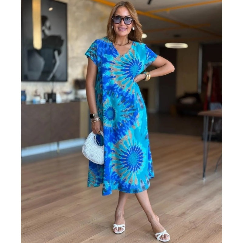 🤩Moteriškos laisvos suknelės V formos iškirpte ir raštais-LT