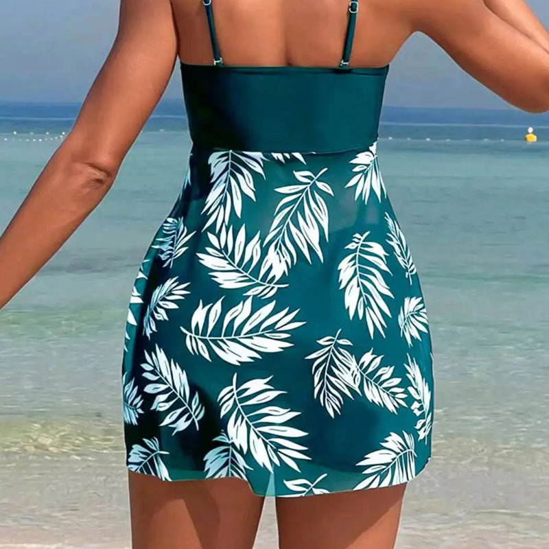 🌴👙Moteriška dvodelna raštuotas maudymosi kostiumėlis su tränteliais šortais-LT
