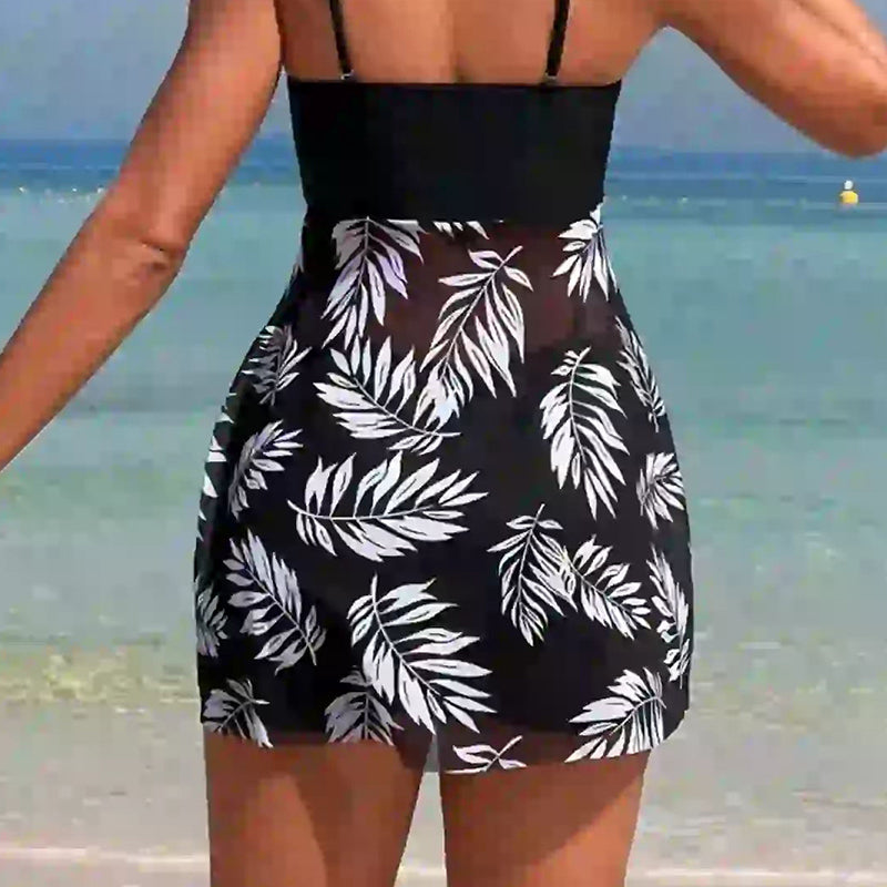🌴👙Moteriška dvodelna raštuotas maudymosi kostiumėlis su tränteliais šortais-LT