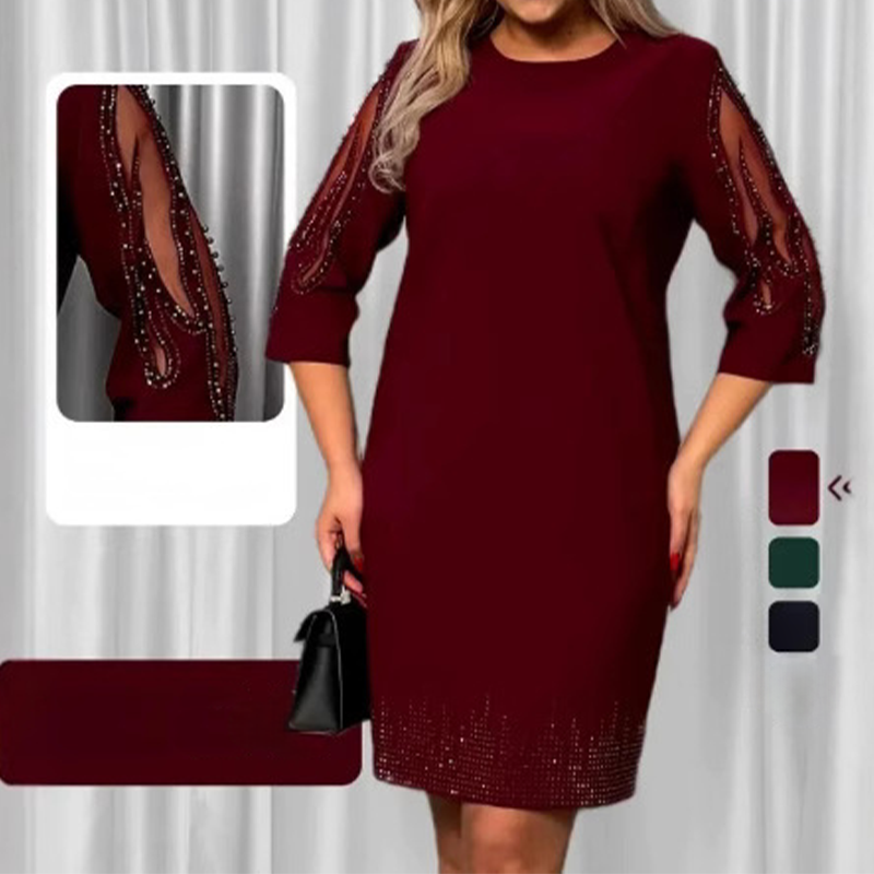 ✨Φόρεμα με μανίκια τριών τετάρτων και δαντέλα με στρας-GR