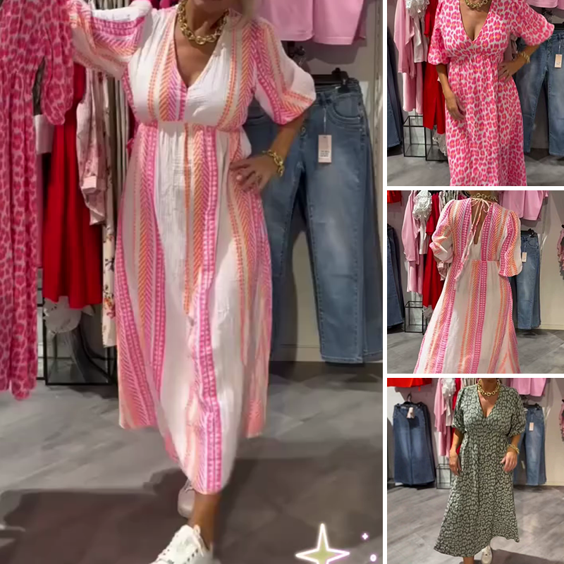 Γυναικείο φόρεμα με στάμπα και V λαιμόκοψη-GR