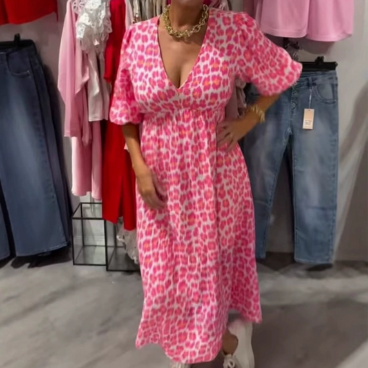 Γυναικείο φόρεμα με στάμπα και V λαιμόκοψη-GR