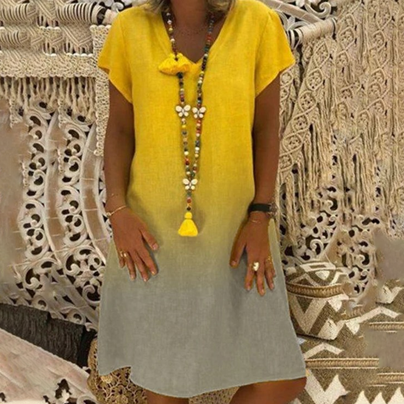 💃 Laisvalaikio suknelė su V formos iškirpte ir trumpomis rankovėmis gradiento stiliaus-LT