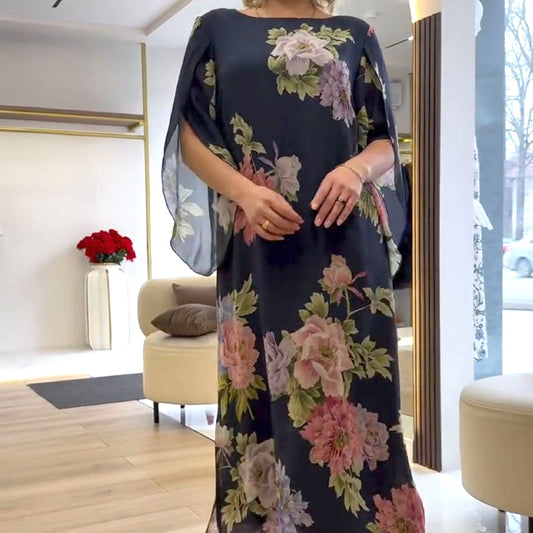 Elegantna ilga ženska obleka su raštu ant kaklo-LT