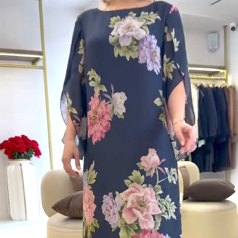 Κομψό μακρύ γυναικείο φόρεμα με τύπωμα στο λαιμό-GR