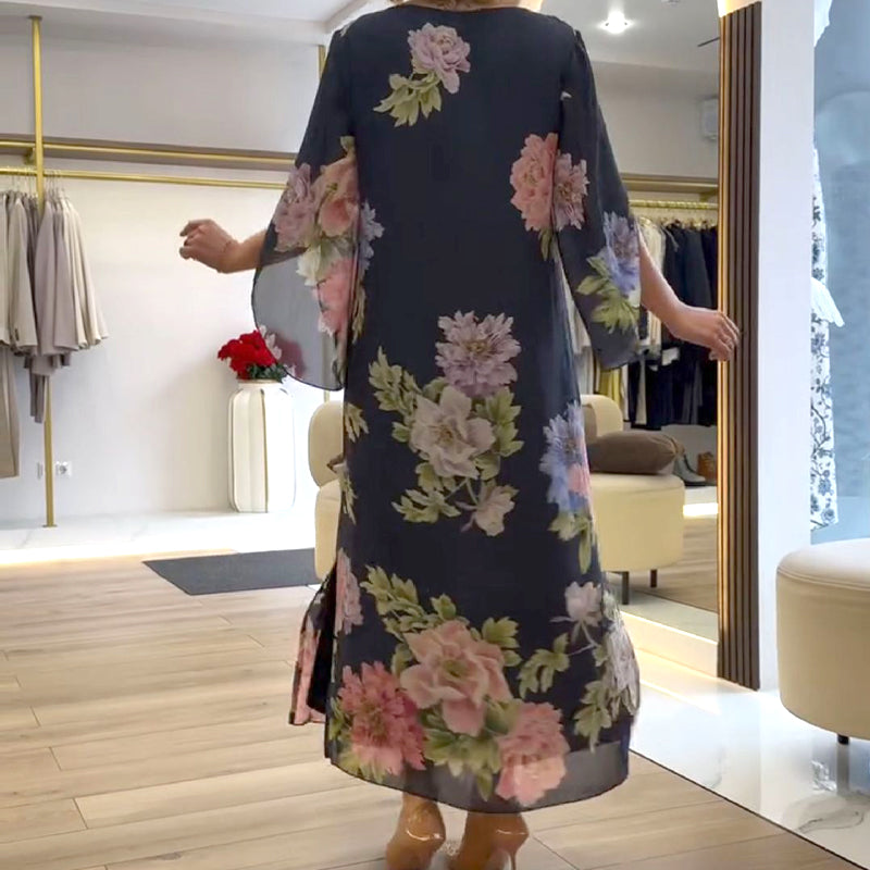 Κομψό μακρύ γυναικείο φόρεμα με τύπωμα στο λαιμό-GR