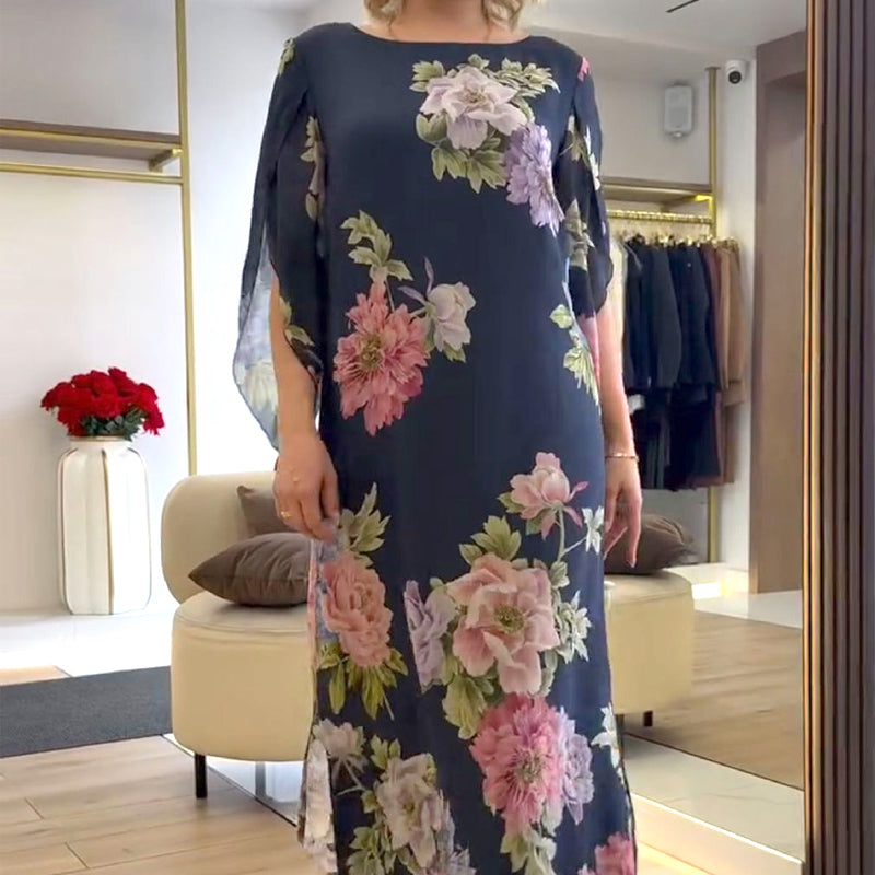 Κομψό μακρύ γυναικείο φόρεμα με τύπωμα στο λαιμό-GR