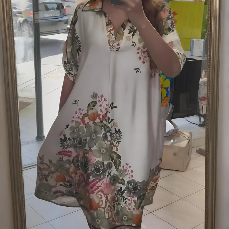 Φόρεμα με φλοράλ ντεκολτέ και V λαιμόκοψη-GR