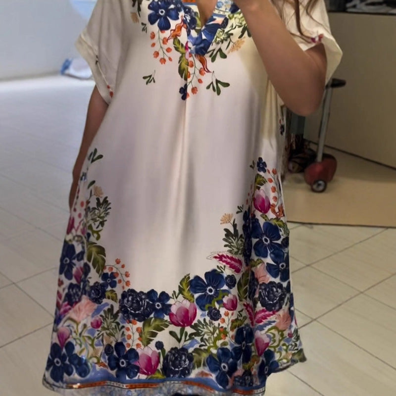 Φόρεμα με φλοράλ ντεκολτέ και V λαιμόκοψη-GR