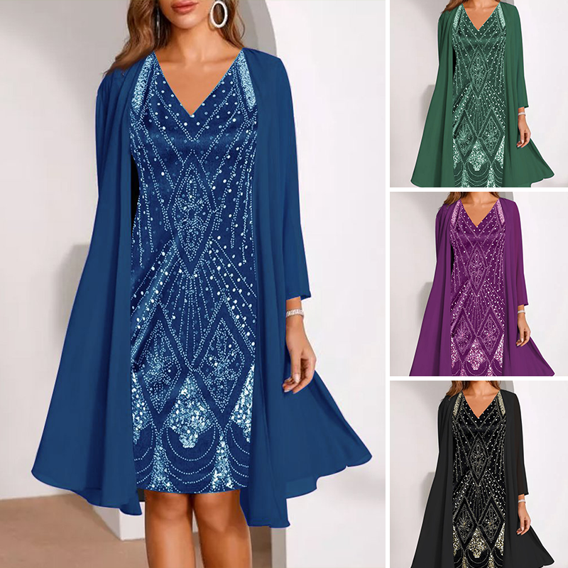 Conjunto de mujer: Vestido con escote en pico y chaqueta larga vaporosa-ES