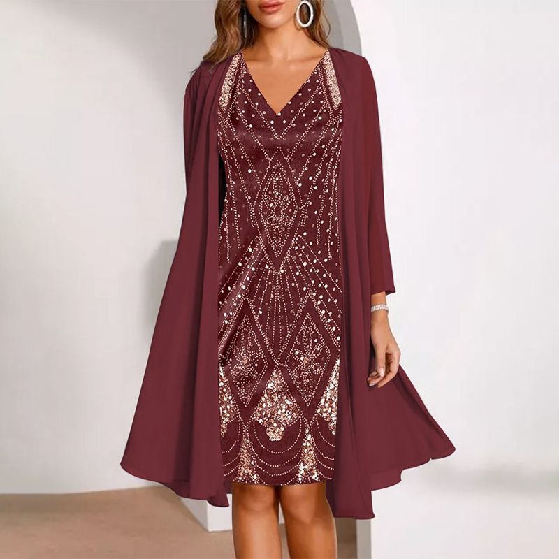 Conjunto de mujer: Vestido con escote en pico y chaqueta larga vaporosa-ES