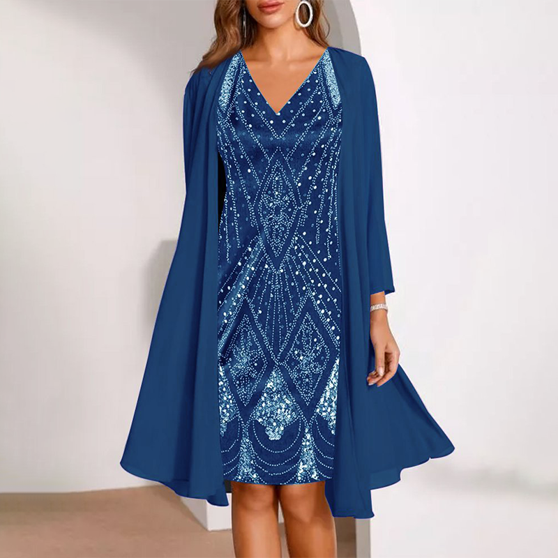 Conjunto de mujer: Vestido con escote en pico y chaqueta larga vaporosa-ES