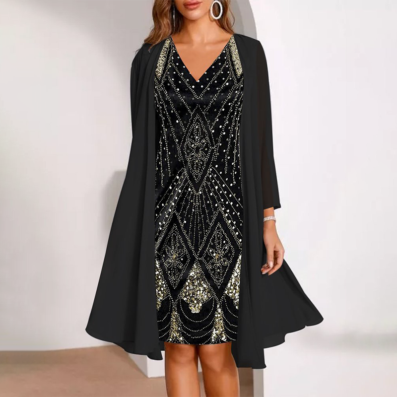 Conjunto de mujer: Vestido con escote en pico y chaqueta larga vaporosa-ES