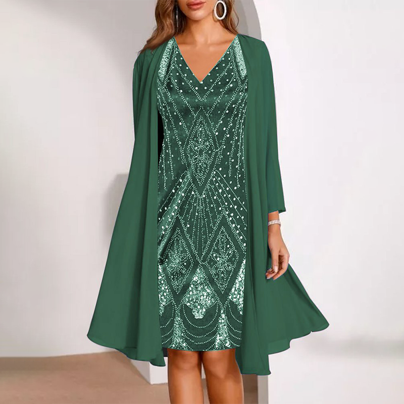 Conjunto de mujer: Vestido con escote en pico y chaqueta larga vaporosa-ES