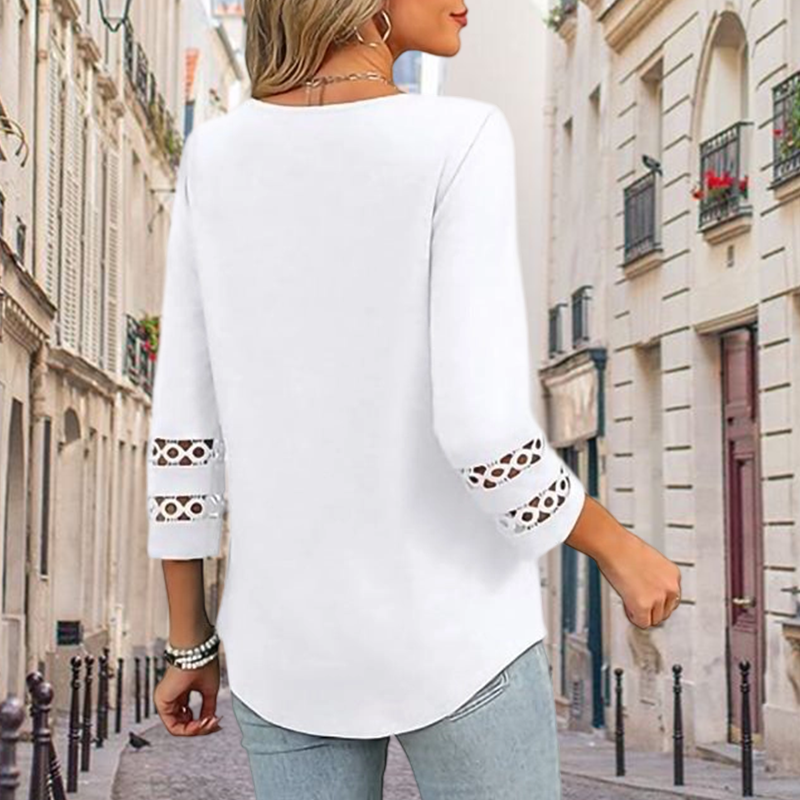 🌺[S-3XL]👚✨ Top clásico de color liso con escote en V y mangas 3/4-ES