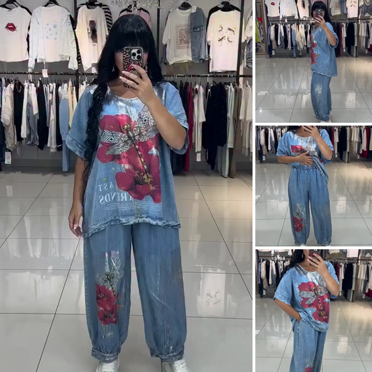 Γυναικείο τυπωμένο σετ, τοπ και παντελόνι-GR