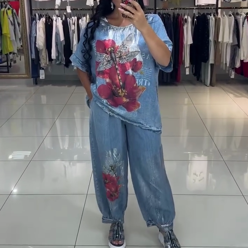 Γυναικείο τυπωμένο σετ, τοπ και παντελόνι-GR