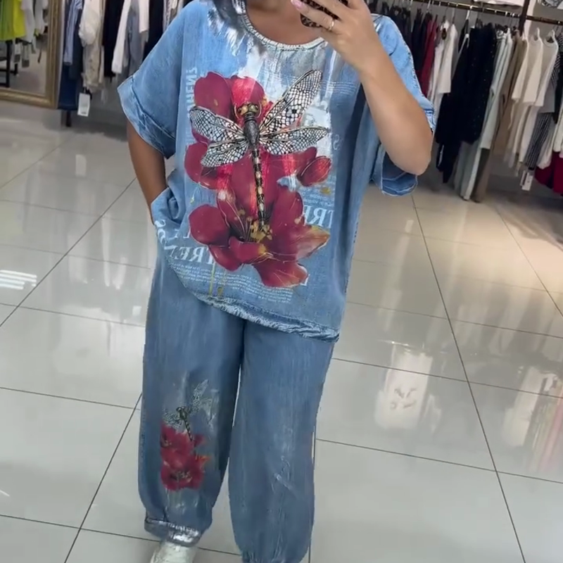 Γυναικείο τυπωμένο σετ, τοπ και παντελόνι-GR