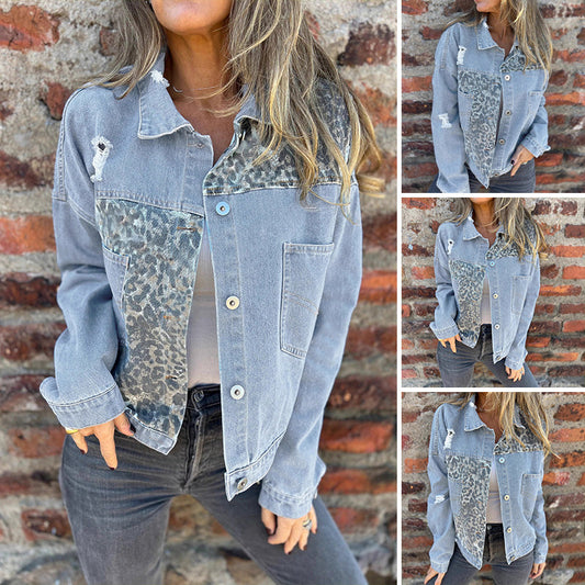 Chaqueta vaquera a la moda con estampado de leopardo y diseño patchwork.-ES