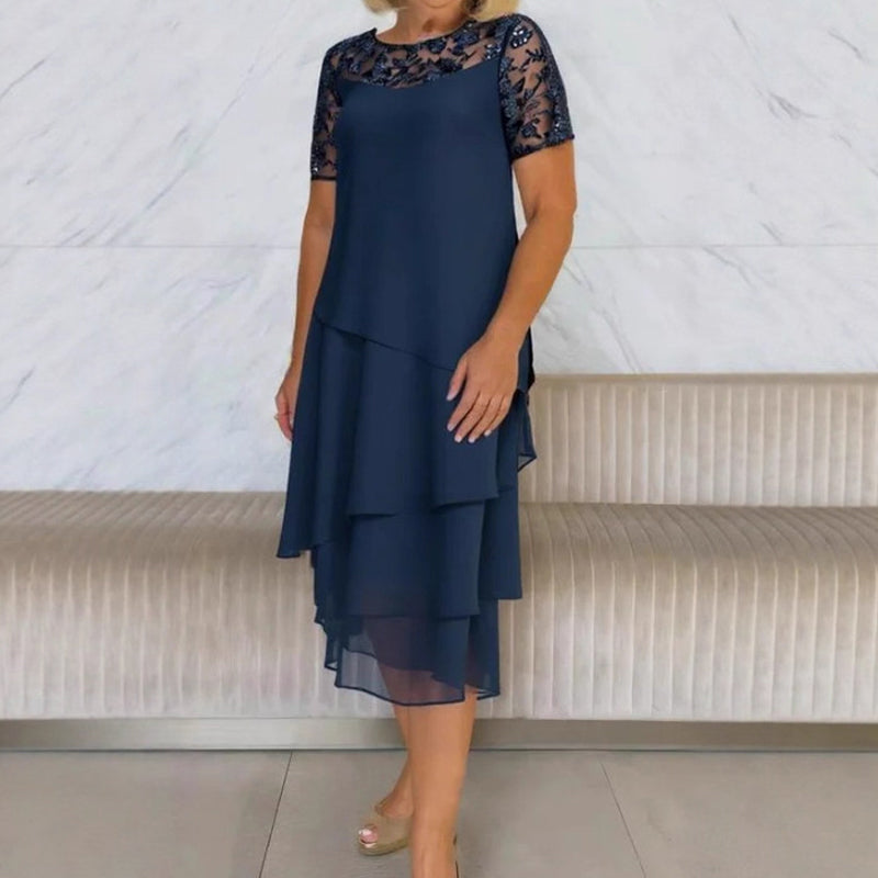 💖 [S-3XL] 👗✨️ Γυναικείο Φόρεμα Midi σε Α γραμμή με στρώσεις και διχτυωτό ύφασμα-GR