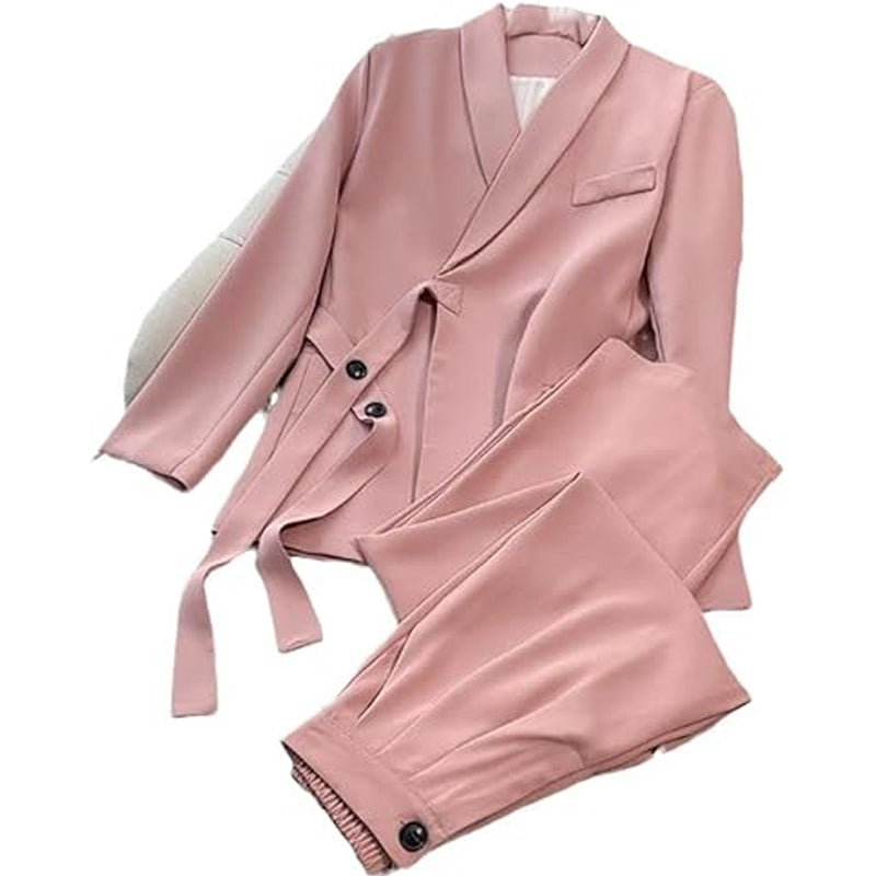 Γυναικείο σετ δύο τεμαχίων - σακάκι με κορδόνι μπροστά και παντελόνι με φαρδιά γραμμή-GR