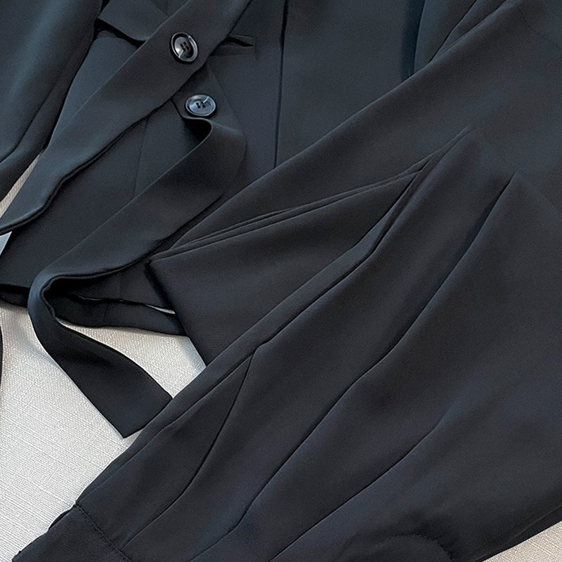 Γυναικείο σετ δύο τεμαχίων - σακάκι με κορδόνι μπροστά και παντελόνι με φαρδιά γραμμή-GR