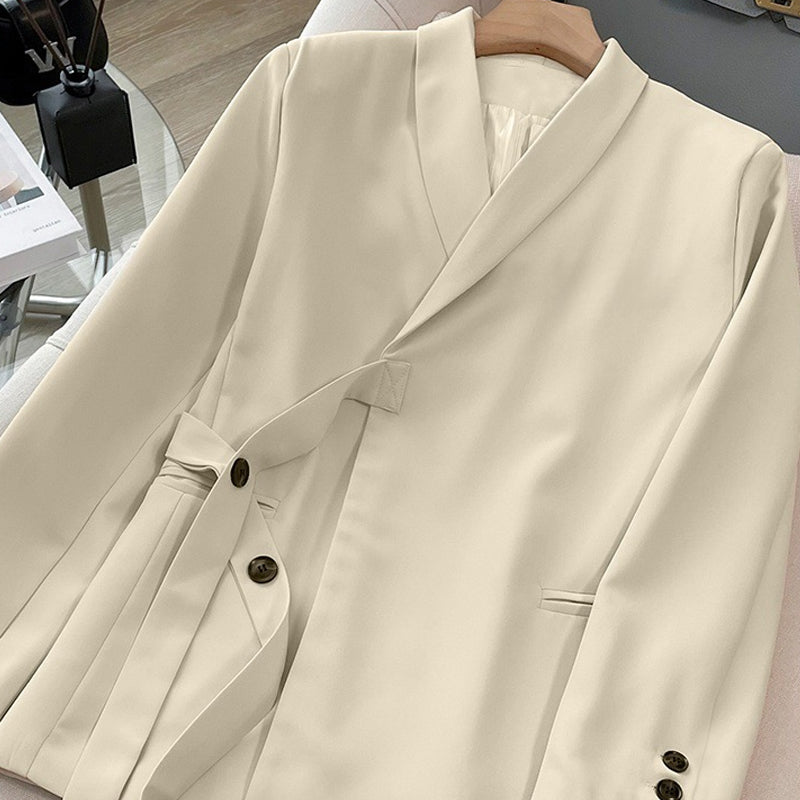 Γυναικείο σετ δύο τεμαχίων - σακάκι με κορδόνι μπροστά και παντελόνι με φαρδιά γραμμή-GR