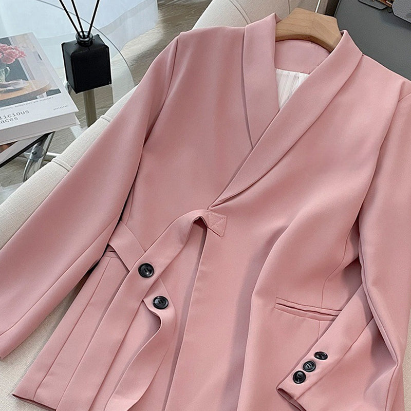 Γυναικείο σετ δύο τεμαχίων - σακάκι με κορδόνι μπροστά και παντελόνι με φαρδιά γραμμή-GR