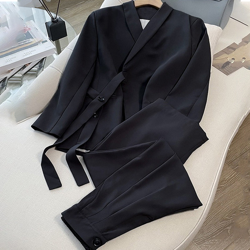 Γυναικείο σετ δύο τεμαχίων - σακάκι με κορδόνι μπροστά και παντελόνι με φαρδιά γραμμή-GR