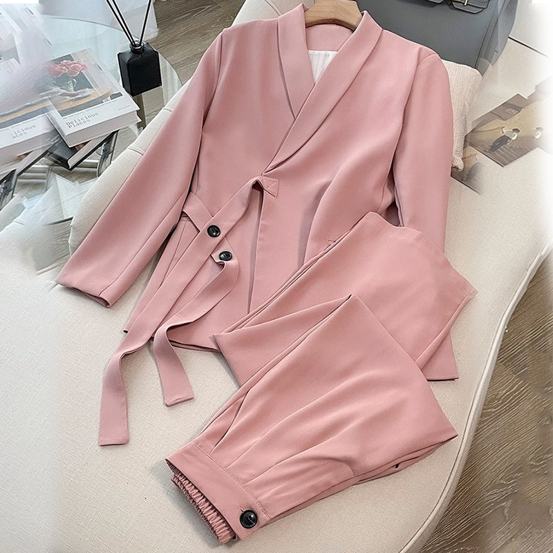 Γυναικείο σετ δύο τεμαχίων - σακάκι με κορδόνι μπροστά και παντελόνι με φαρδιά γραμμή-GR