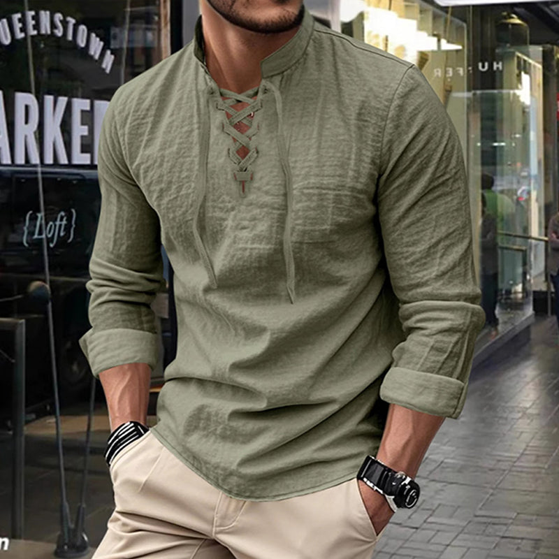 💎Camisa casual de color liso para hombre — Tejido de algodón transpirable ✨-ES