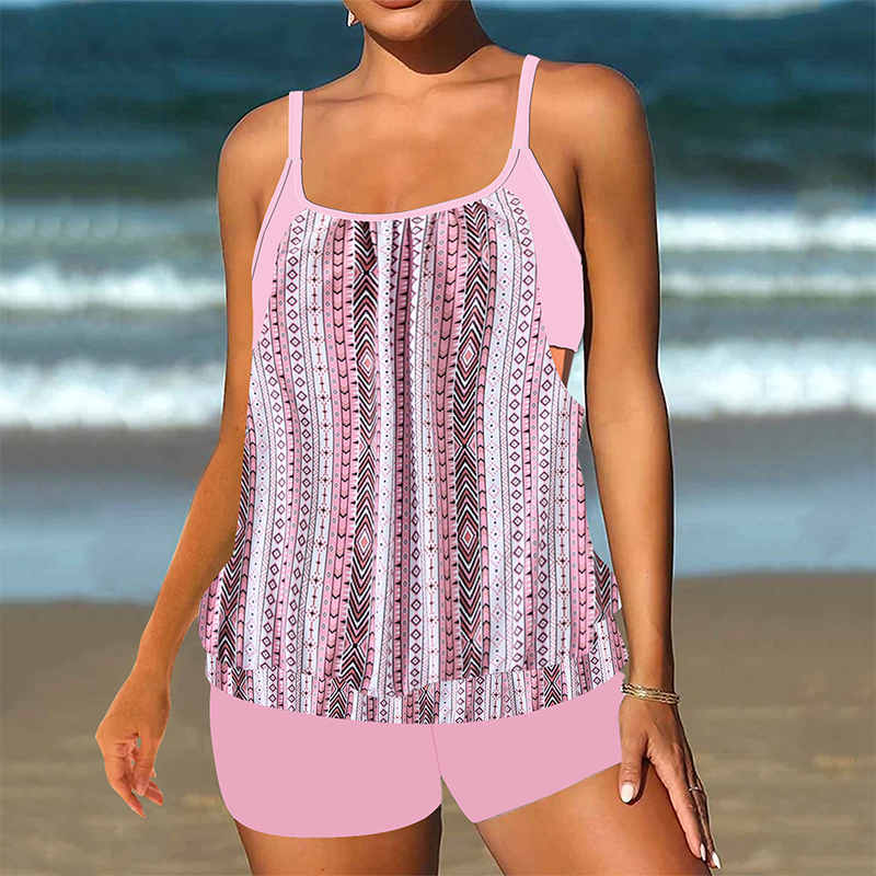 👗🌊Dviejų dalių moteriškas maudymosi kostiumėlis – viršus + šortai | Marškinių tipo dizainas, dideli dydžiai-LT